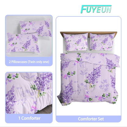 FUYEUN Floral Bedding Set King: Purple Lilac Flower Comforter for Girls Women Kids Teens Bedroom Bed Bedspread Quilt,1 Comforter + 2 Pillow Cases