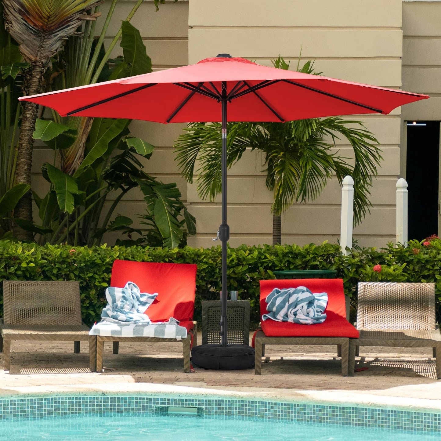 Sundale Outdoor Olefin 5-Year-Non-Fading 10FT Patio Umbrella with Sand Bag Base, Outdoor Umbrella with Tilt and Crank, Red