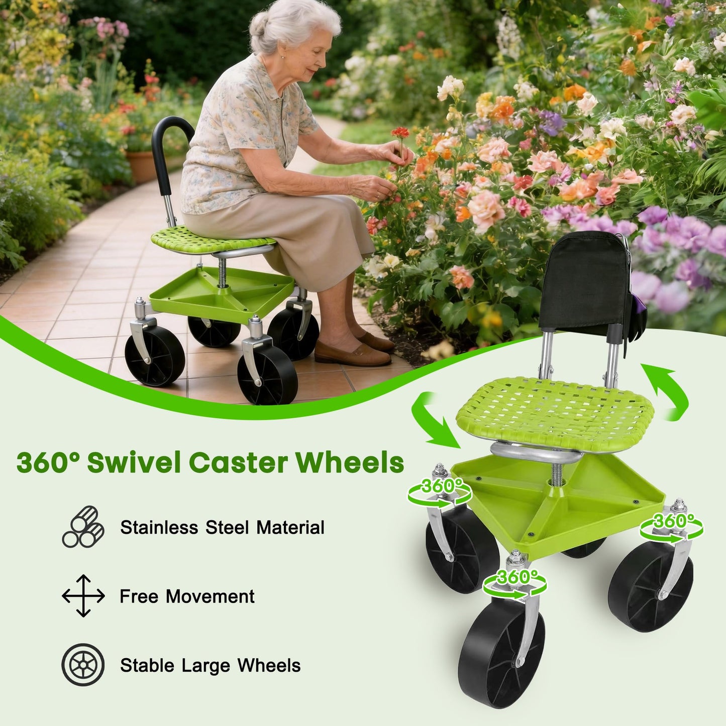 Outdoor Garden Stool with 360° Swivel Caster Wheels, Rolling Garden Cart with 360° Swivel Seat, Height Adjustment, Back Tool Pouch & Under-Seat Tray, Gardening Gifts for Women, Parents, Seniors