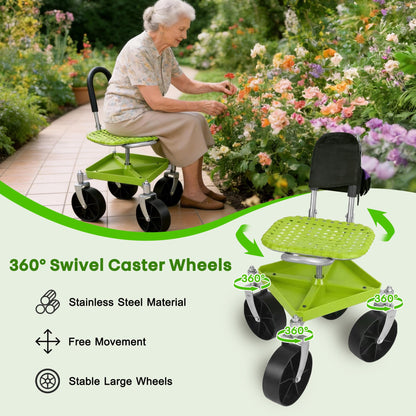 Outdoor Garden Stool with 360° Swivel Caster Wheels, Rolling Garden Cart with 360° Swivel Seat, Height Adjustment, Back Tool Pouch & Under-Seat Tray, Gardening Gifts for Women, Parents, Seniors