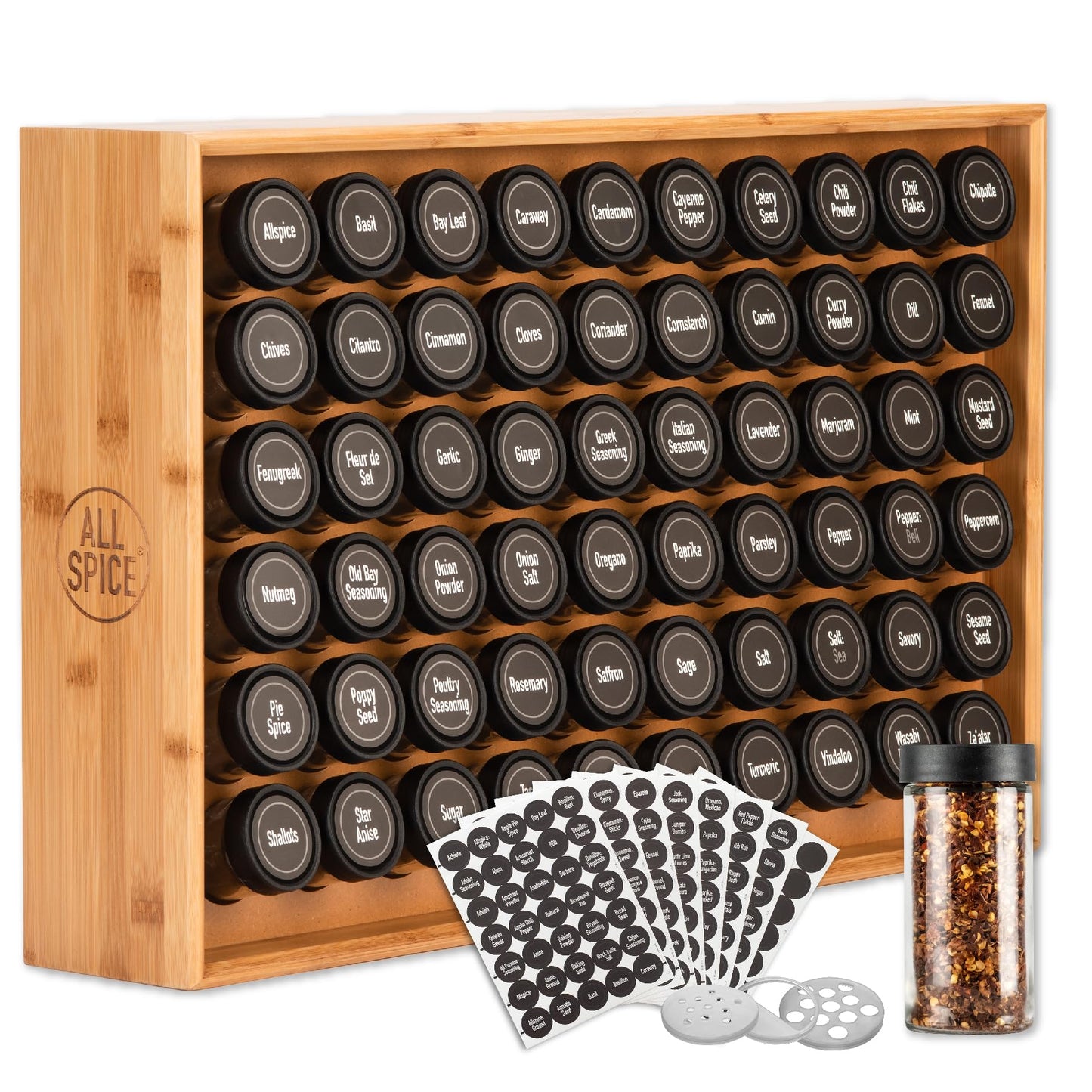 AllSpice Spice Rack Organizer, Wood, 525 Unique Labels, Countertop or Wall Mount, Includes 60 4oz Jars- Bamboo