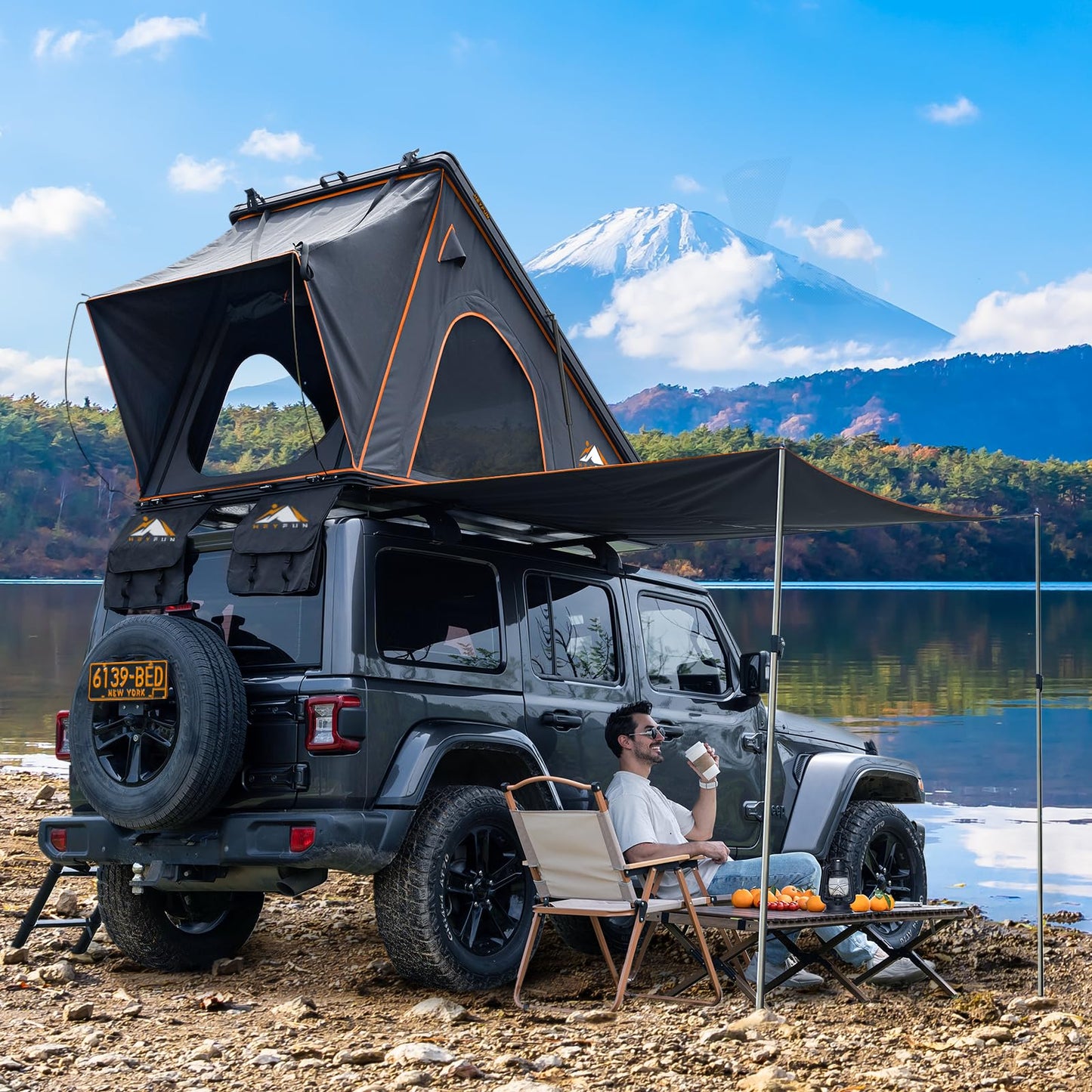 Explorer Pro Rooftop Tent Hard Shell with Side Awning&LED Light Strip, 2-3 Person Roof Top Tent for 4 Season Camping, Aluminum Pop Up Roof Tent for Truck Jeep SUV Van Trailer