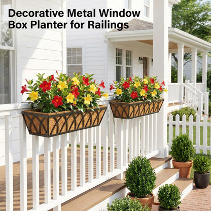HFHOME 24 inch Railing Planter Box with Coco Liner, 24" Dia Window Box Trough with Coconut Coir Liners, Black Metal Hanging Flower Planter Basket for Indoor Outdoor Lawn - Set of 4