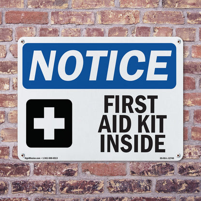 First Aid Kit Inside OSHA Notice Aluminum Sign 14 Inch x 10 Inch - 10 Pack