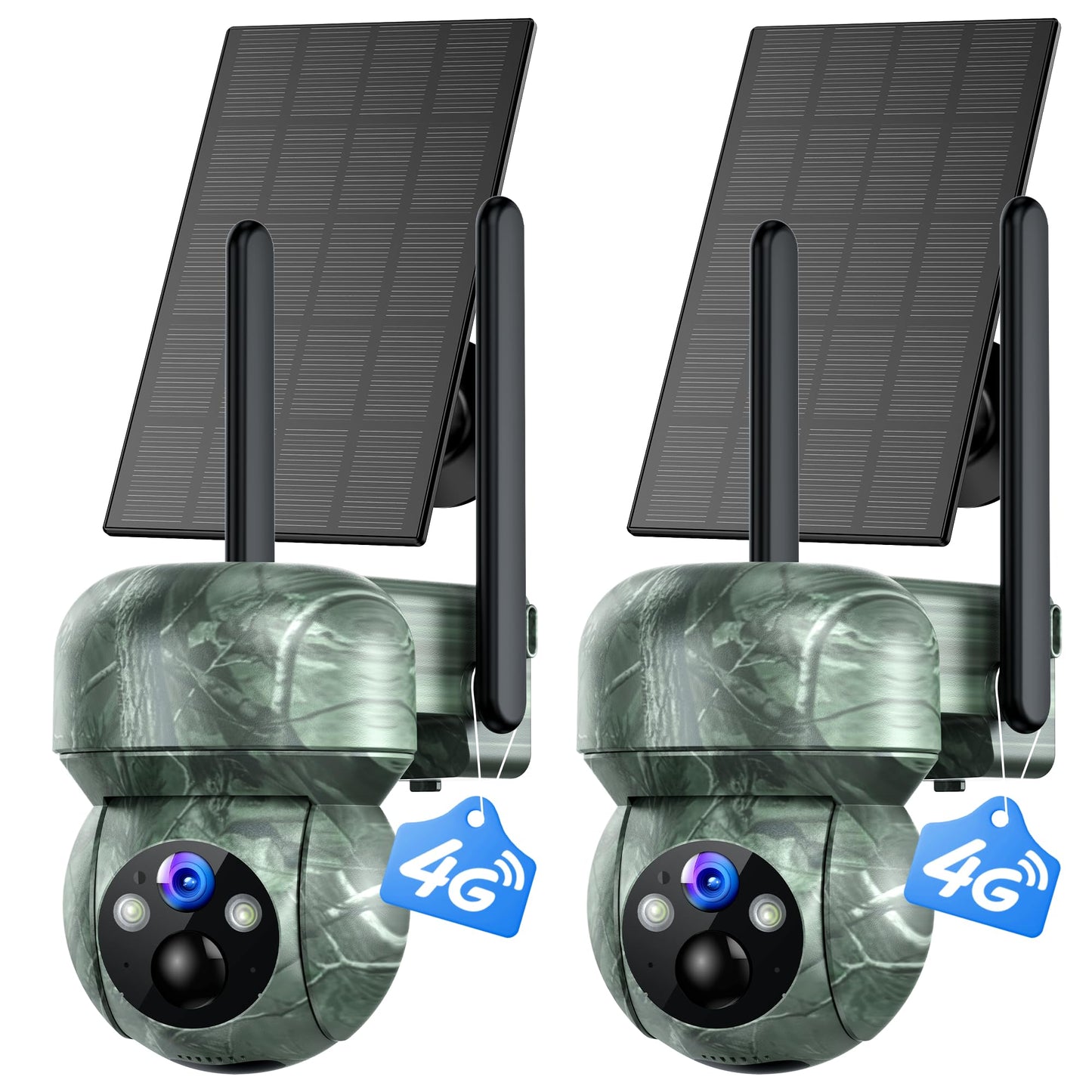 2Pack 4G LTE Cellular Trail Camera Solar: 2K Game Cameras Built-in SIM Card Hunting Cameras Wireless Battery with PTZ 360° Color Night Vision Motion Activated IP66 for Wildlife(No Support WiFi)