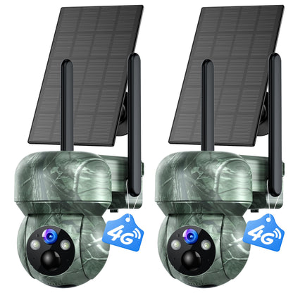 2Pack 4G LTE Cellular Trail Camera Solar: 2K Game Cameras Built-in SIM Card Hunting Cameras Wireless Battery with PTZ 360° Color Night Vision Motion Activated IP66 for Wildlife(No Support WiFi)
