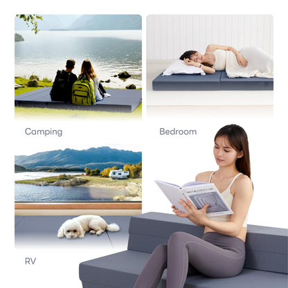 LIKIMIO Folding Mattress Queen, High Density Foam Mattress with Breathable and Washable Cover & Storage Bag, 4 Inch Foldable Mat Topper for Camping, RV and Yoga, Handle Design, Blue