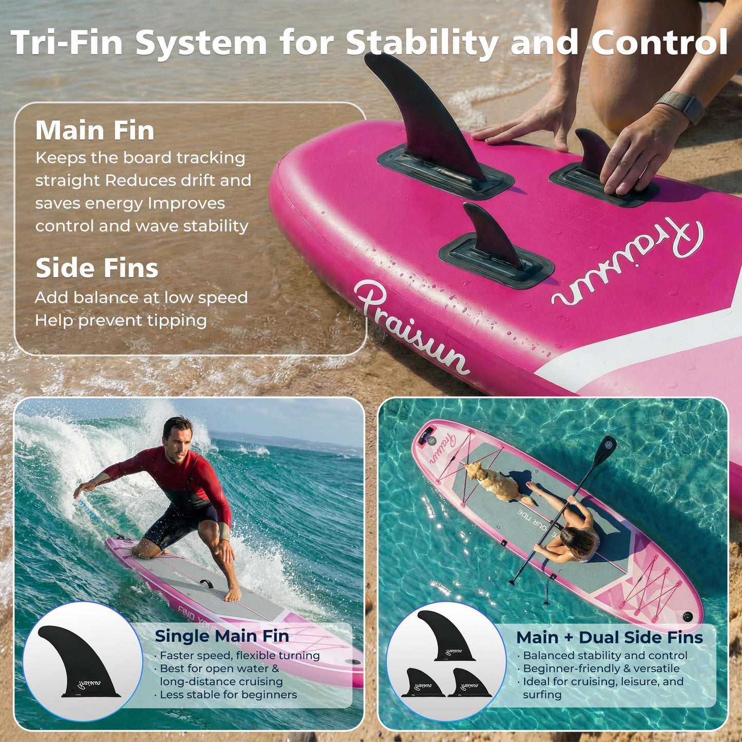 PRAISUN 12’ x 35” Inflatable Paddle Board, 450lbs Extra Wide Stand Up Paddleboard for Youth/Adults of All Skill Levels, Stable SUP with Seat & Full Kit, for Fishing, Yoga, Lake & Ocean, Pink