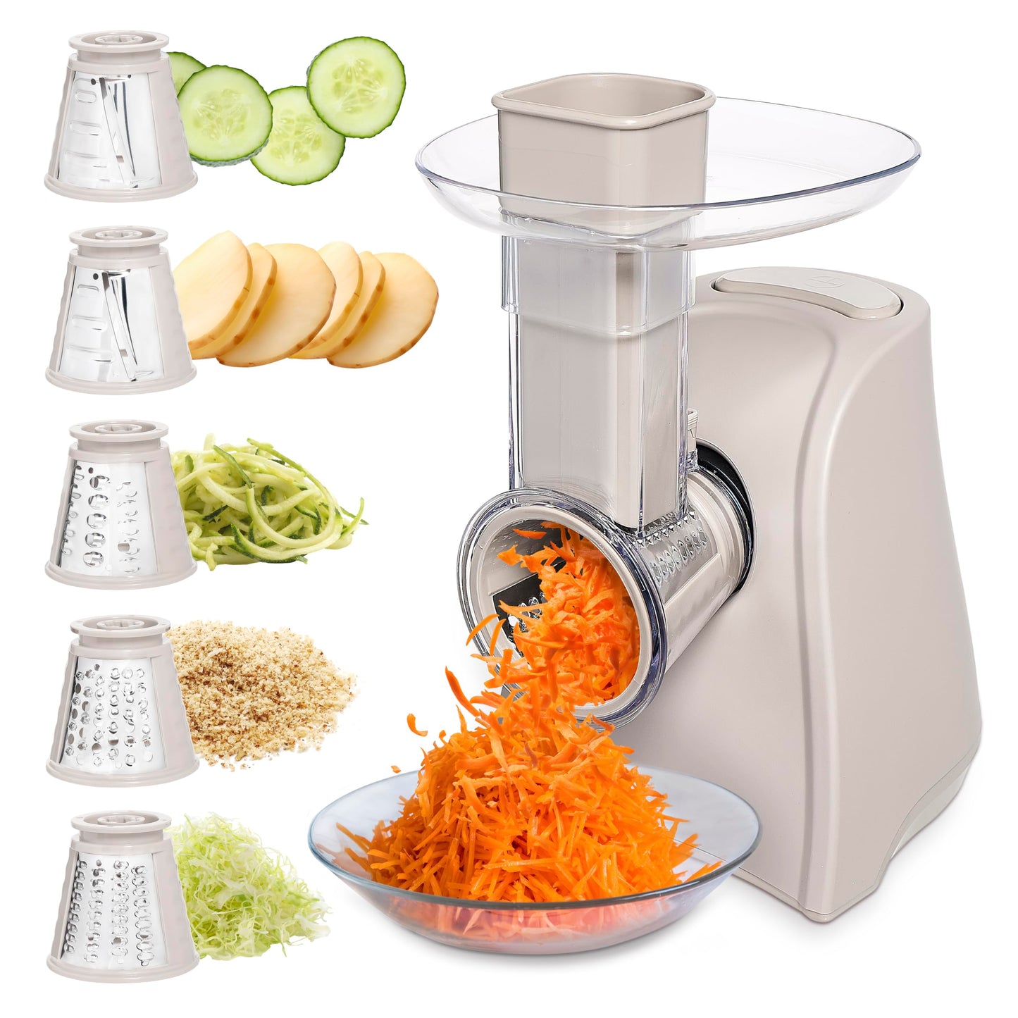 COOK WITH COLOR 5-in-1 Electric Slicer, 150W Food Prep Machine – Cheese Shredder, Fine & Coarse Graters, Potato Grater, Vegetable Slicer, Fruit, Salad Shooter, Compact Design For Bowl Prep, Blush