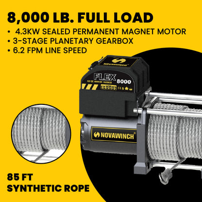 Novawinch Flex 8000 lb Utility Trailer Winch 12V Electric - IP68 Sealed Planetary Gearbox, 55.7 ft Wire Rope, Auto Load-Holding Brake, Waterproof Remote - Flatbed, Shop, Equipment, Car Hauler, SAE