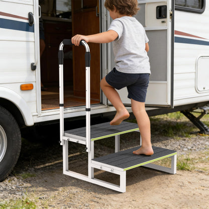 DEPSUNNY RV Step Stool with Handrail, 2 Steps 1 Handrail, Wider Platform, Anti-Slip Mats, Step Stool with Handle for Elderly, Portable RV Stairs for Hot Tub/Camper/Mobile Home/SPA Pool/Pet Stairs