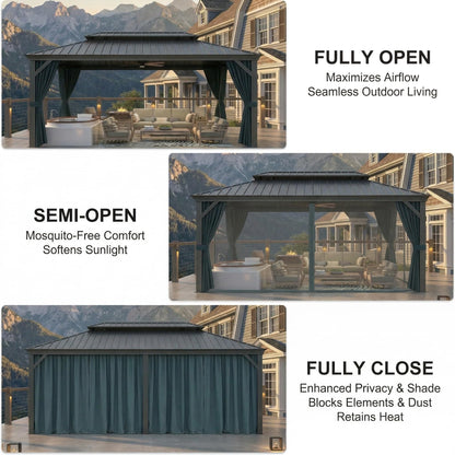 HOTEEL 10x15 Hardtop Gazebo On Clearance with Galvanized Steel Double Roof,Heavy Duty Gazebo with Flame-Retardant Curtain & Netting, Permanent Pavilion Outdoor for Patio, Frame Thickened, Black