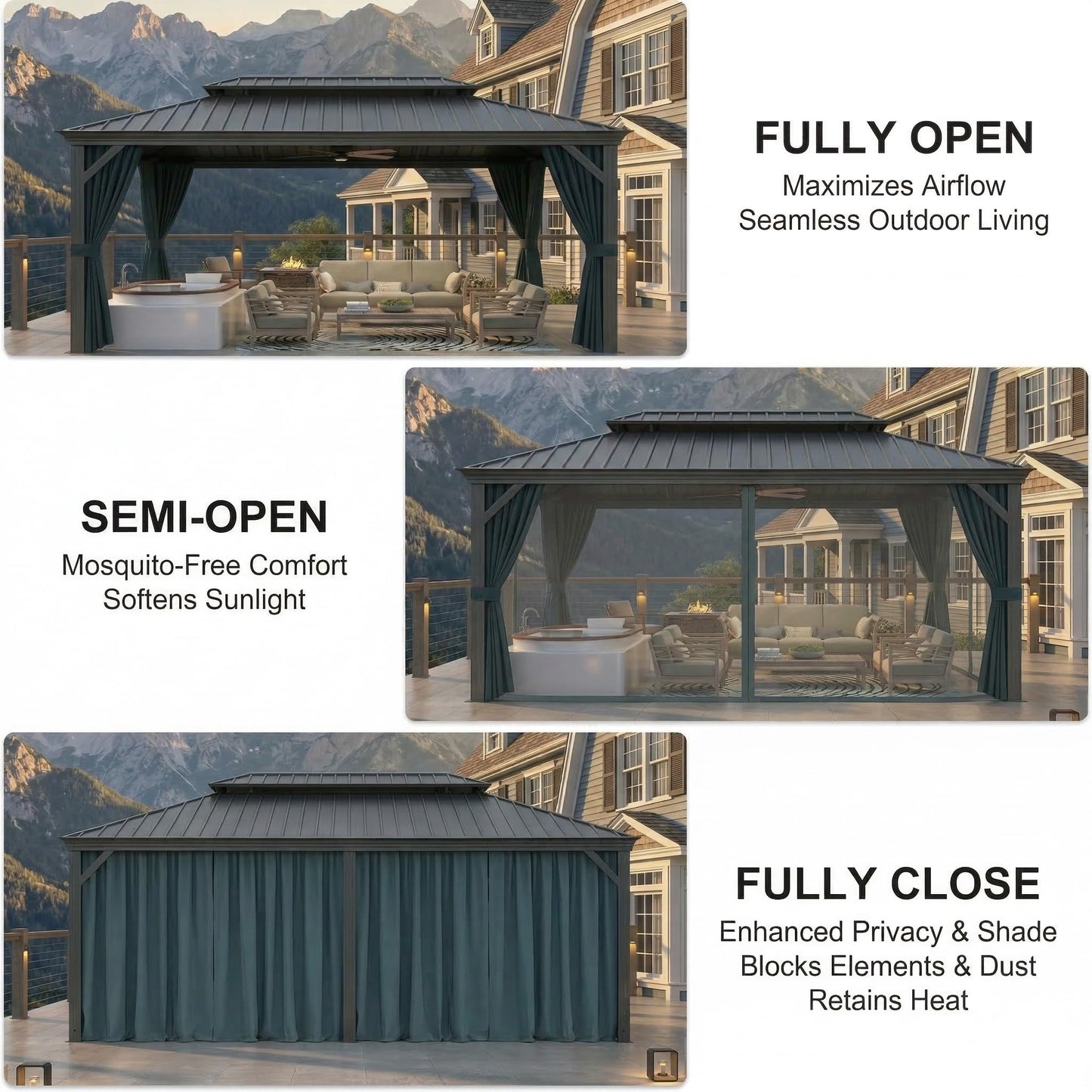 HOTEEL 10x15 Hardtop Gazebo with Flame-Retardant Curtain & Netting, Hot Tub Gazebo with Galvanized Steel Double Roof, Heavy Duty Permanent Pavilion Outdoor for Patio, Frame Thickened, Black(Upgraded)