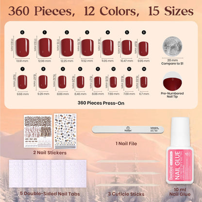Beetles Press on Nails Kit 720Pcs 24 Colors, Press on Nails Short Almond Glossy Matte Glitter With Nail Glue & Nail Tabs Stickers, Natural Fit Lightweight Fake Nails Kit Art For Women Girls