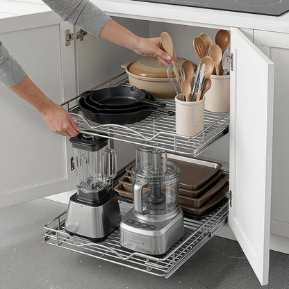 2-Tier Cabinet Organizer by [Brand Name] - Heavy-Duty Steel Frame with Full-Extension Shelves | Easy Install for Kitchen & Pantry, 14" W x 21" D x 16.5" H