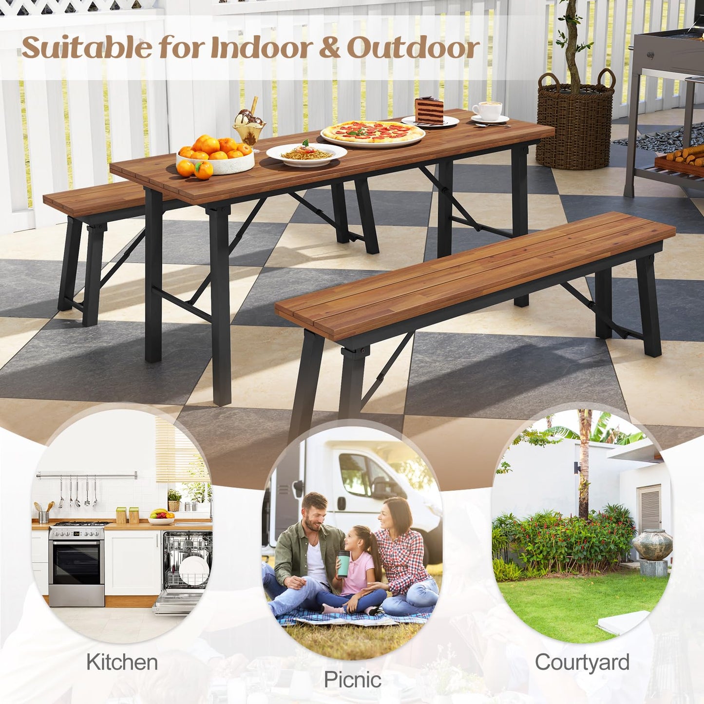 Tangkula Outdoor Dining Table With Benches for 4-6 Persons, No Assembly Foldable 59 Inches Narrow Patio Dining Table with Acacia Wood Top & Heavy Duty Metal Frame, for Yard, Garden, Poolside or Indoor