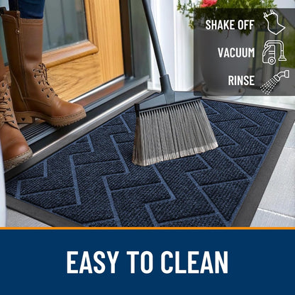 OLANLY Waterproof Front Door Mat - All-Season Indoor/Outdoor Herringbone Design | Easy Clean, 47x32 (Blue)