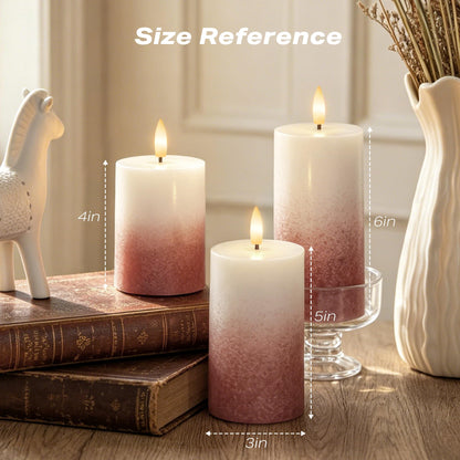 AFINETH Flameless Pillar Candles with Remote, Real Wax Flickering Battery Operated Candles, Brick Red Gradient LED Decorative Candles for Home Decor, Table, Fireplace Mantle, Set of 3