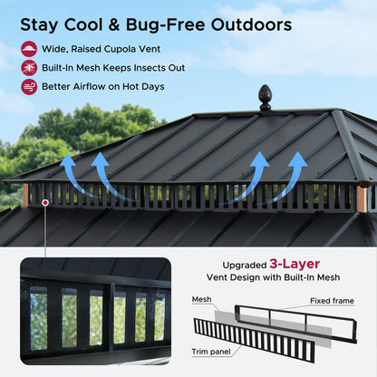 SUNJOY Kingston 16' x 12' Hardtop Gazebo with Galvanized Steel Double Roof, Curtain and Netting, Woodgrain Finish Aluminum Posts Permanent Pavilion Gazebo for Garden, Patio, Deck, Lawn