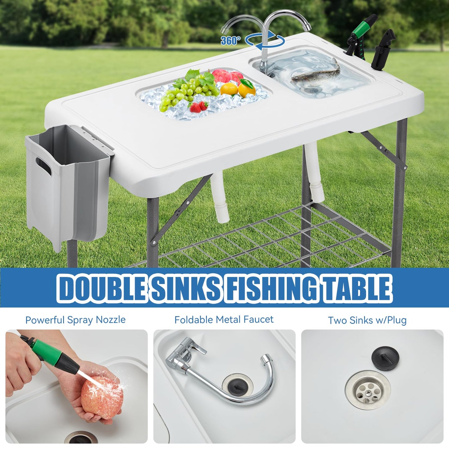 Avocahom Folding Fish Cleaning Table Portable Camping Double Sinks Table w/2 Dual Water Basins, Faucet Drainage Hose & Sprayer Outdoor Fish Fillet Cleaning Station w/Knife, Storage Box,Black