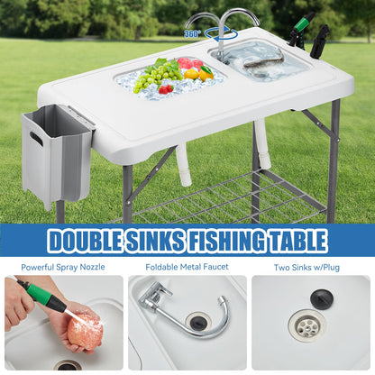 Avocahom Folding Fish Cleaning Table Portable Camping Double Sinks Table w/2 Dual Water Basins, Faucet Drainage Hose & Sprayer Outdoor Fish Fillet Cleaning Station w/Knife, Storage Box,Black