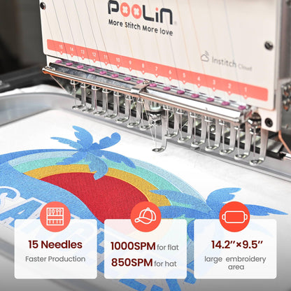 Poolin EOM 15-Needle Embroidery Machine + 20 Matte Threads – Premium Non-Shiny Finish for Hats, Apparel & Logo Embroidery, 14.2"x9.5"