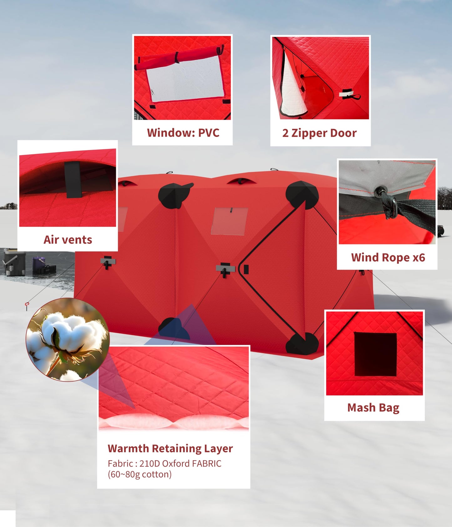 GarveeLife Ice Fishing Insulated Tent, 7-8 Person Shelter Large Pop-Up Portable Hub-Style Ice Fishing Shelter, 68 Square Feet of Fishable Area