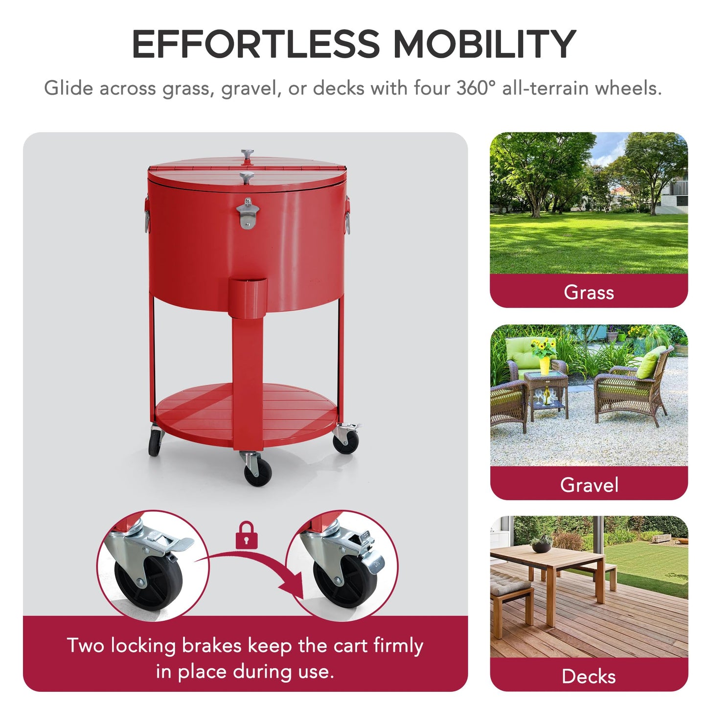 SUNJOY 60 Quart Rooling Ice Chest Cooler Cart, Portable Patio Party Bar Drink Cooler Cart, Beverage Bar with Bottle Opener and Shelf, Red