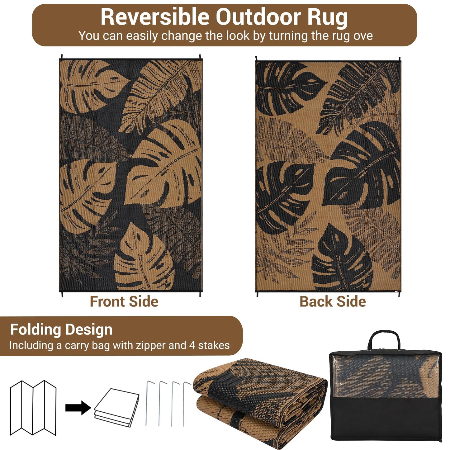 GarveeHome Outdoor Patio Rug 9x18 Waterproof Reversible Mat Leaves Camping Rugs Indoor Outdoor Rugs Carpet Large Area Rug Plastic Straw Rug for Patio Deck Balcony Pool RV Camping, Black and Brown