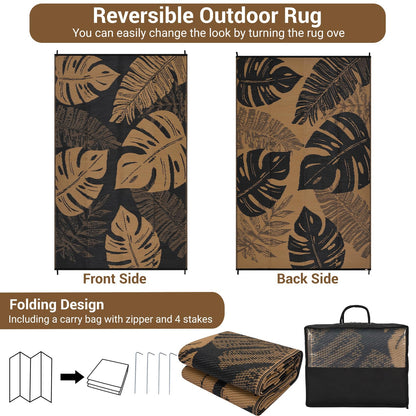GarveeHome Outdoor Patio Rug 9x18 Waterproof Reversible Mat Leaves Camping Rugs Indoor Outdoor Rugs Carpet Large Area Rug Plastic Straw Rug for Patio Deck Balcony Pool RV Camping, Black and Brown