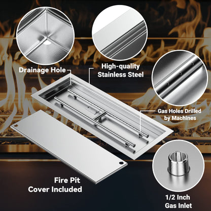 Skyflame Rectangular Stainless Steel Drop-in Fire Pit Pan and Burner with Burner Cover, 24 by 8 Inch Burning Area