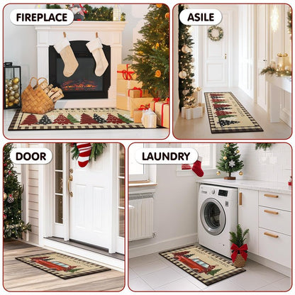 StepRite Kitchen Mats for Floor, 2 PCS Christmas Kitchen Rugs, Non-Slip Bottom with Christmas Tree Print, Low-Profile Mat for Home, Office, Sink, Kitchen,Hallway,Holiday Decor(17”x30”+17”x47”-Brown)