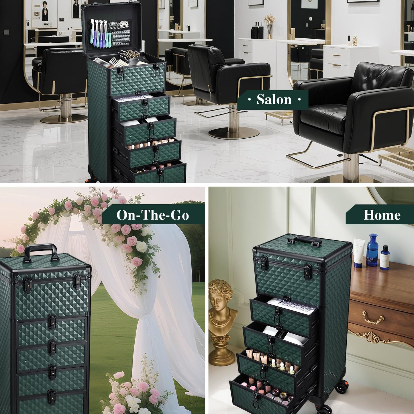 Yueieoun Nail Salon Cart with 4 Drawers,Rolling Makeup Train Case for Beauty,Cosmetology Case on Wheels Trolley Cart,Lockable Organizer Travel Case for Manicure/Face Painting/Hairstylist,DARK GREEN