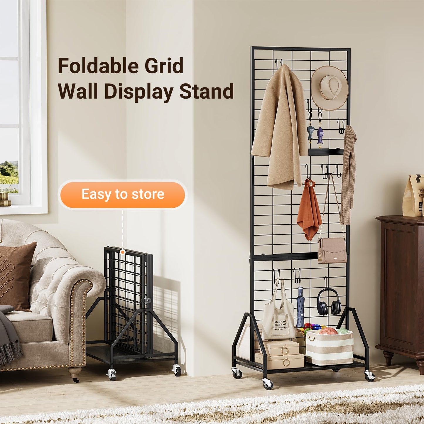 ELYKEN 2 Pack Foldable Grid Wall Panels 5.7' x 2' FT, Movable Wire Gridwall Display Rack with Wheels and Adjustable Foots, Retail Display Stand for Vendor with Storage (Black)