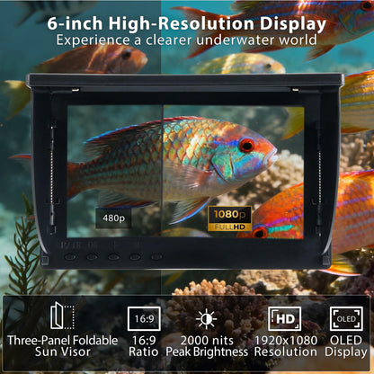 Jiisquilyx Underwater Fishing Camera with Monitor: 6" HD 1080P Portable Fish Finder for Ice/Lake/Sea｜Waterproof Depth Finder for Boats/Kayaks & Murky Waters｜IP68 Ice Fishing Camera with Bright Display