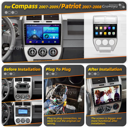 Crownyu for Jeep Patriot Compass Radio Compatible with Wirelessly Carplay Android Auto Upgrade Car Stereo Bluetooth Navigation Touchscreen GPS FM WiFi Media Player Backup Camera Head Unit (2007-2009)