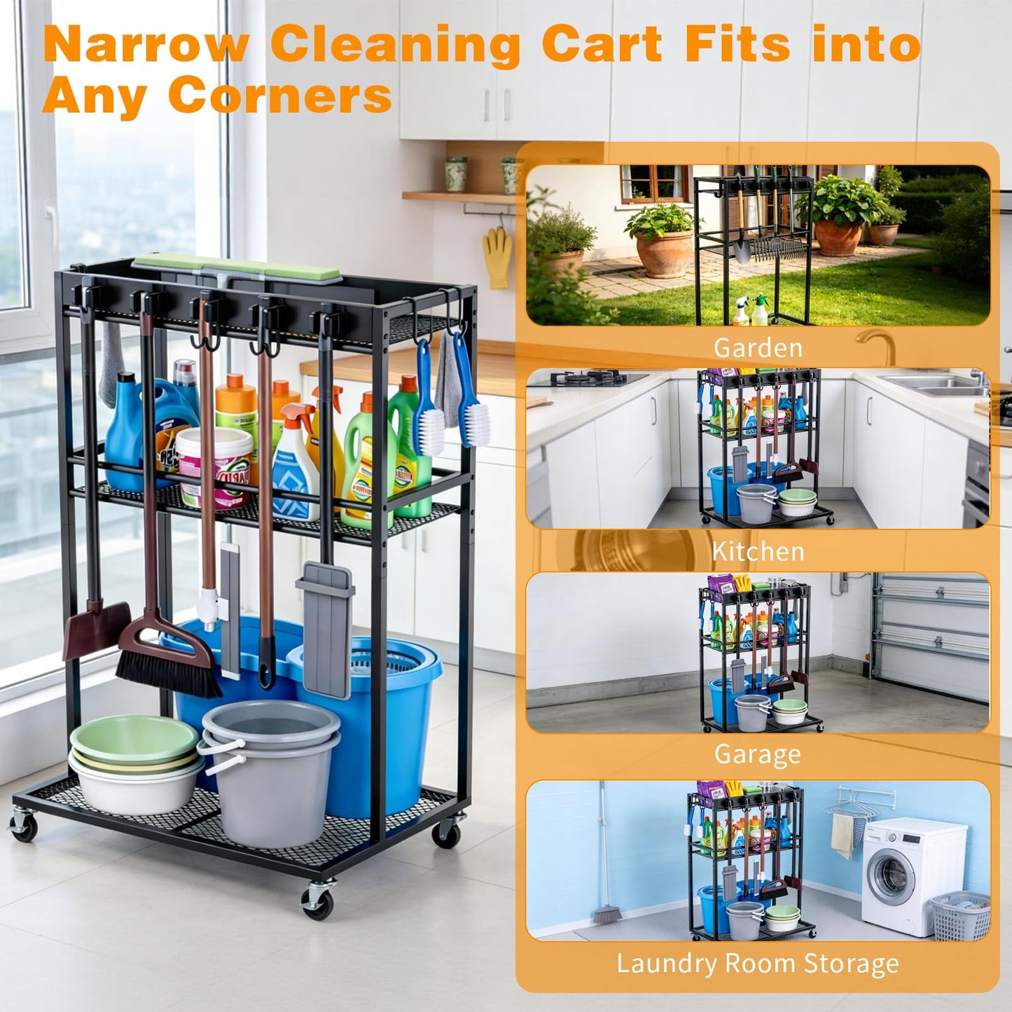 QonicFly Broom Holder with Cleaning Cart on Wheels – 300 lbs Weight Capacity, Holds Upright Vacuum & Steam Mop, Locking Brakes, Slim 22" Wide Storage for Garage Laundry Room, No Tools Assembly