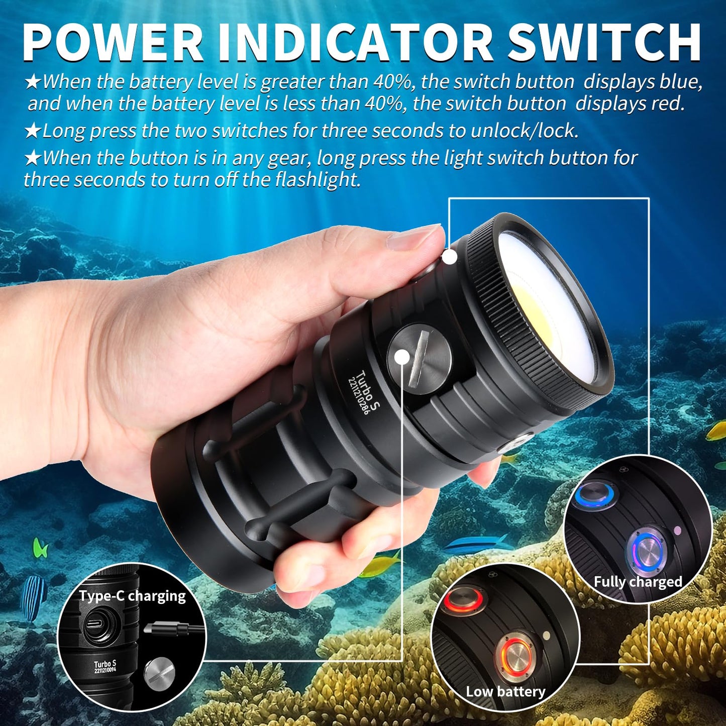 Dive Light,LetonPower TS S 10000Lumens 100m Underwater Video Light,Diving Flashlight,Waterproof Flashlight with Type-C Charging for Professional Under Water Sports