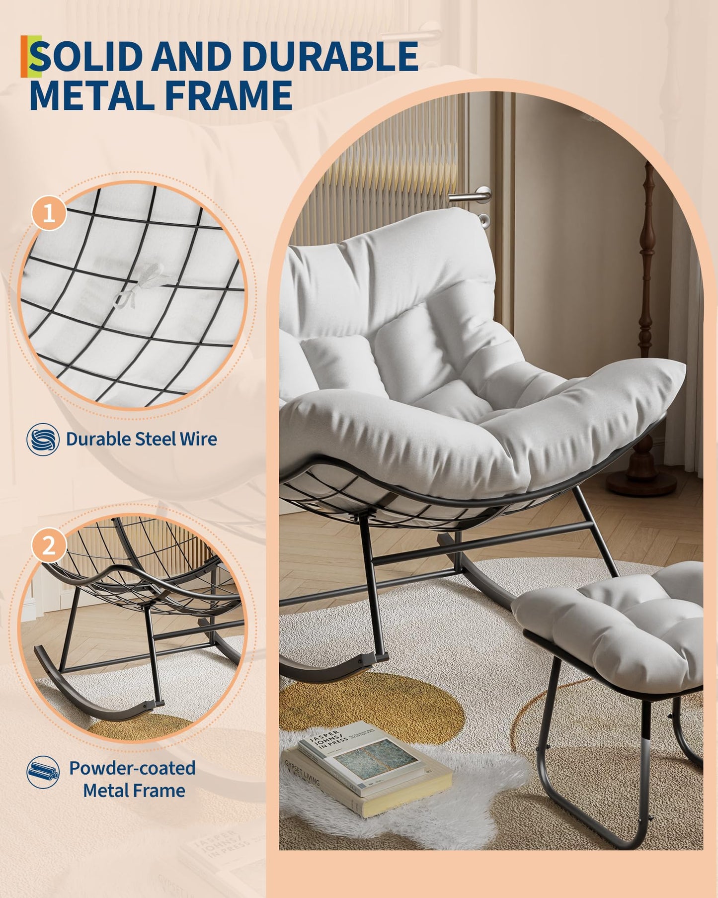 GarveeLife Outdoor Oversized Papasan Rocking Chair with Footrest, Patio Lounge Chair with Ottoman and Sturdy Metal Frame, Patio Egg Rocker for Balcony Backyard Porch Bedroom, White