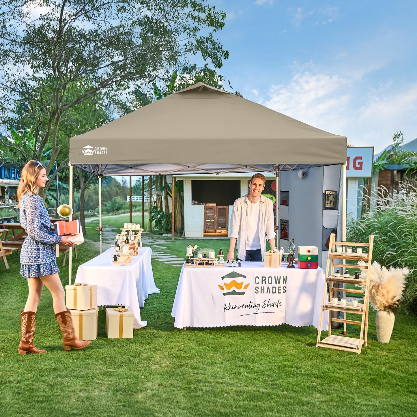 CROWN SHADES Canopy Tent 10x10 Pop Up Canopy Outdoor Shade with Pockets Sidewall, Easy Up Sun Shelter with One Person Set Up Center Lock, Portable Instant Camping Beach Canopy Tents, Beige