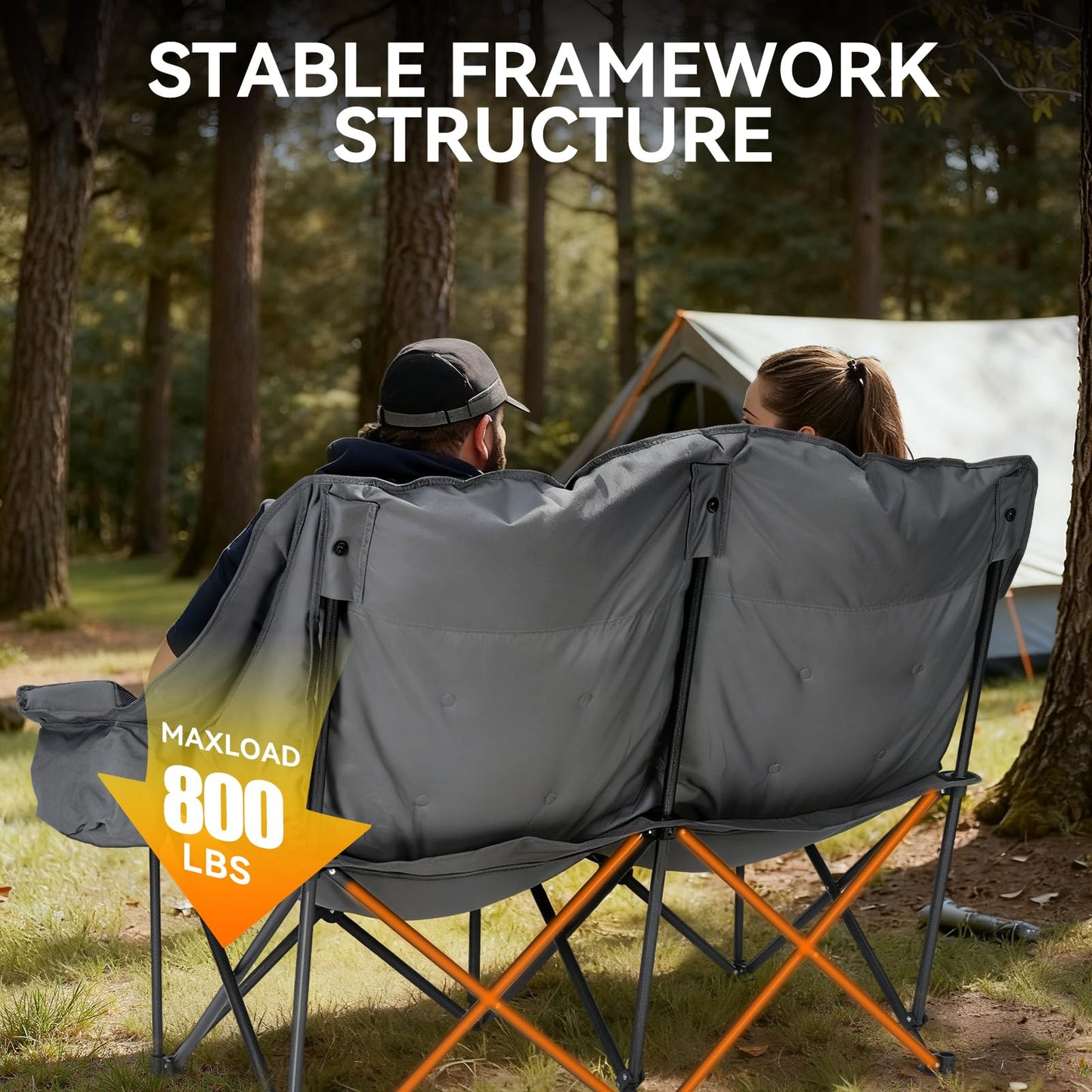 Huskfirm Padded Double Camping Chair High Back 2 Person Camping Chair Oversized Camping Loveseat Support 800LBS Heavy Duty Camping Couch with Cup Holders, Cooler, Carry Bag, Grey