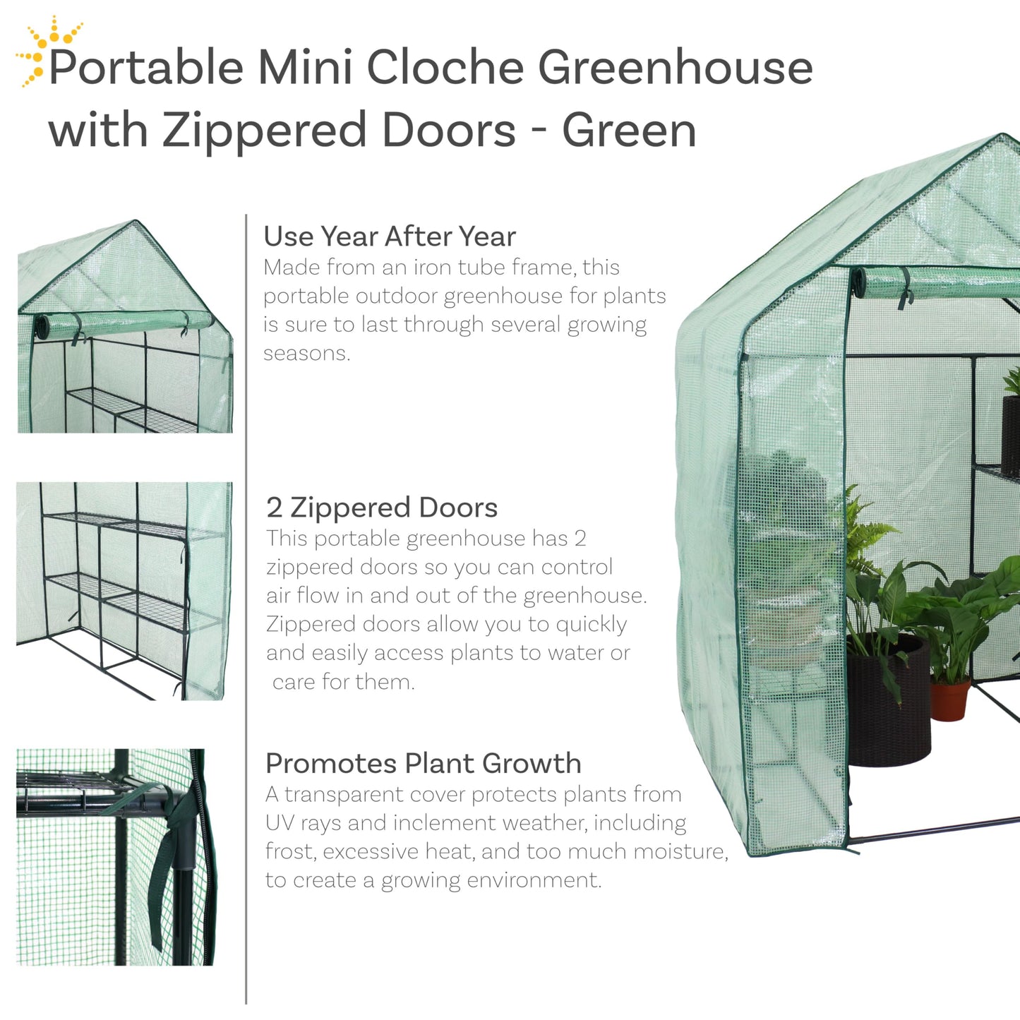 Sunnydaze Portable Outdoor Grandeur Walk-in Greenhouse with 4 Steel Wire Shelves and Roll-Up Door - Green