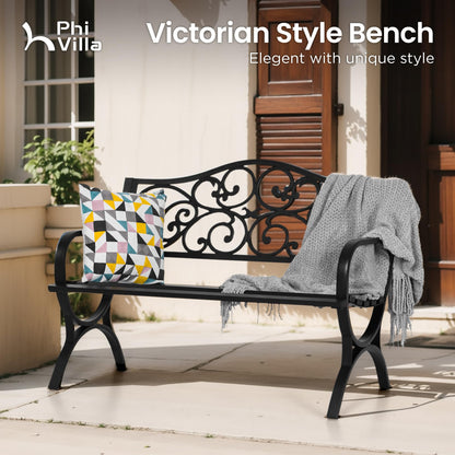 PHI VILLA 50-Inch Cast Iron Steel Frame Garden Bench Outdoor Patio Bench Chair w/Floral Design Backrest, Slatted Seat for Park, Yard & Porch, Black