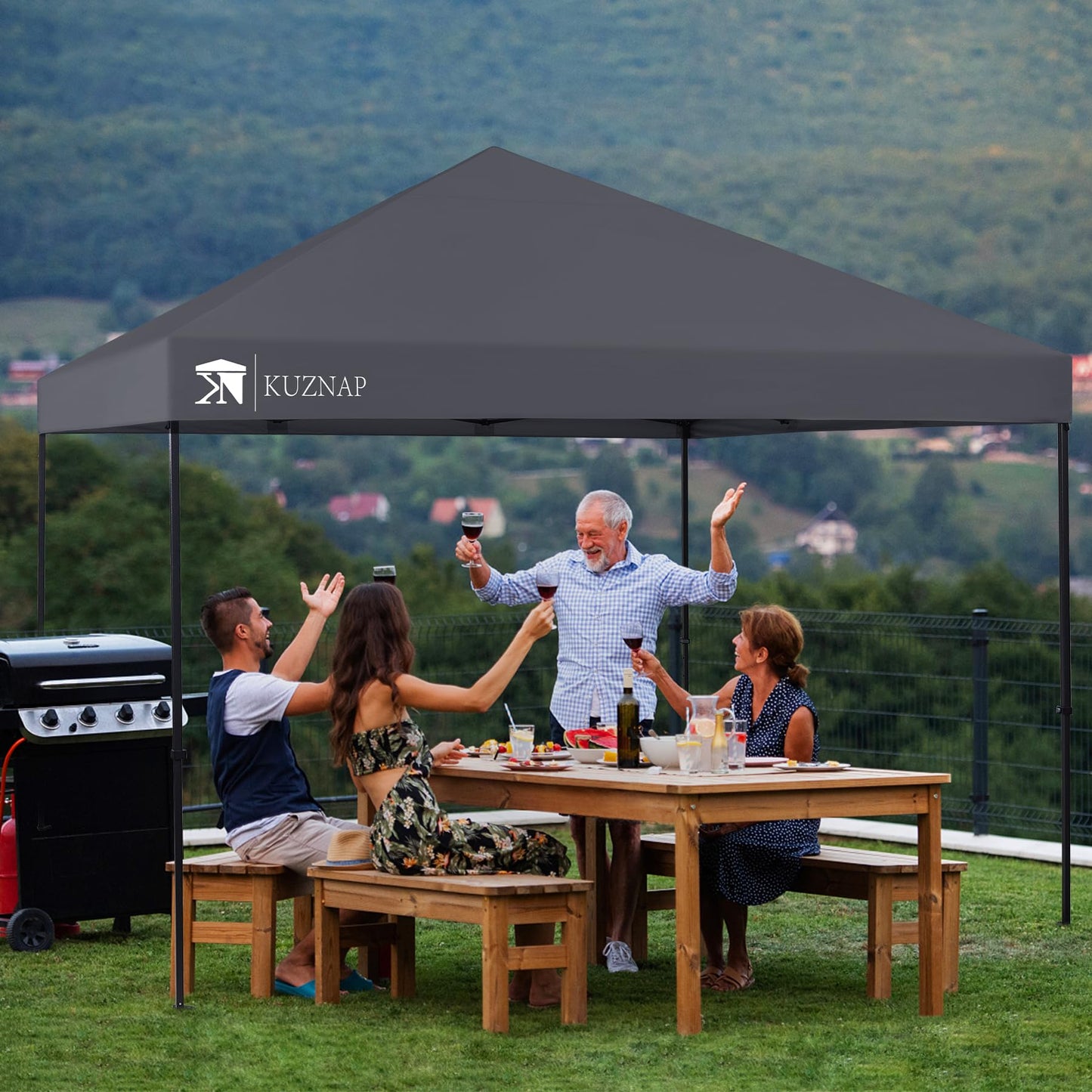 KUZNAP 12’x12’ Pop up Canopy Tent Patented EZ Set up Instant Outdoor Canopy with Wheeled Carry Bag Bonus 4 Weight Sandbags, 8 Stakes and 4 Ropes， Grey
