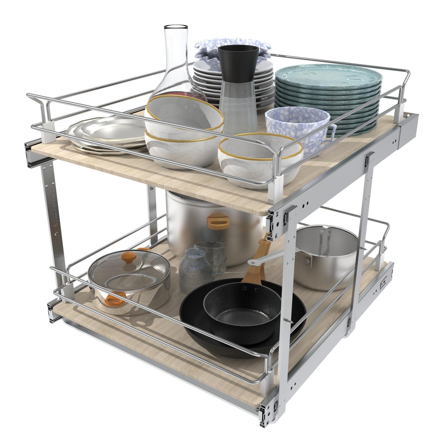 2 Tier Pull Out Cabinet Organizer 20" W X 22" D, Slide Out Drawers For Kitchen Cabinets, Pull Out Drawers For Cabinets Capacity Heavy Duty Caddy, Cabinet Pullout Shelves Wood Chrome, Pantry Storage