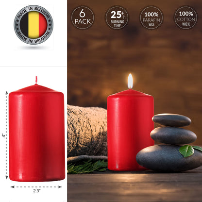 SPAAS Set of 6 Red Pillar Candles - 2.3x4 Inch Unscented Pillar Candles | Decorative Home Decor, Emergency, Memorial, Vigil, Weddings, Parties