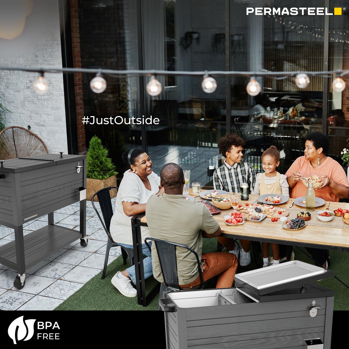 Permasteel Party Cooler with Divider, Spacious 80-Qt Capacity, Chills 36hrs, Rolling Ice Chest for Indoor and Outdoor Entertainment, Wood Grain Finish, Gray