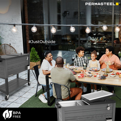 Permasteel Party Cooler with Divider, Spacious 80-Qt Capacity, Chills 36hrs, Rolling Ice Chest for Indoor and Outdoor Entertainment, Wood Grain Finish, Gray