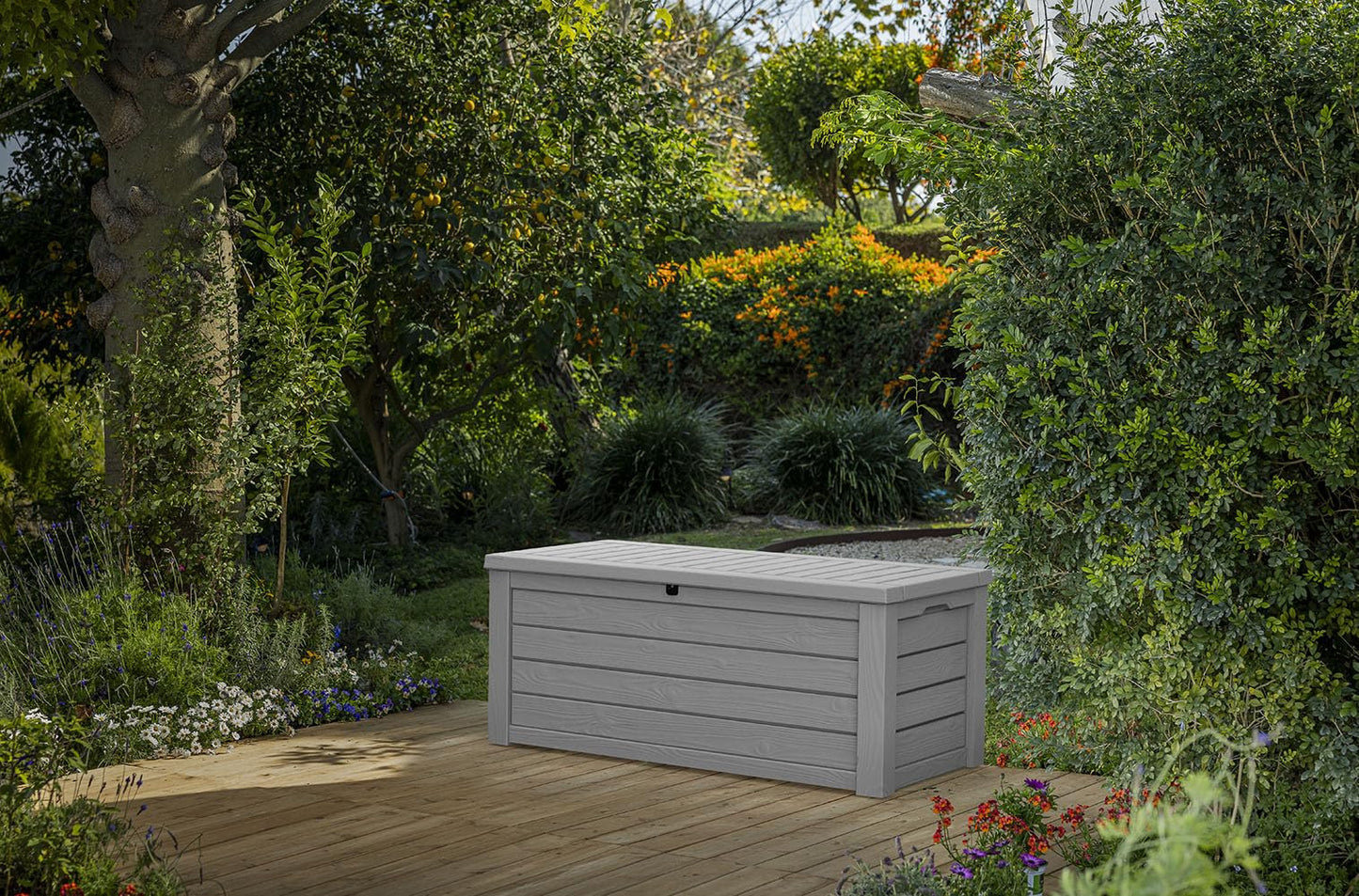 Keter Westwood 150 Gallon Resin Large Outdoor Storage Box for Patio Furniture, Outdoor Cushions, Garden Tools and Pool Floats, Light Grey