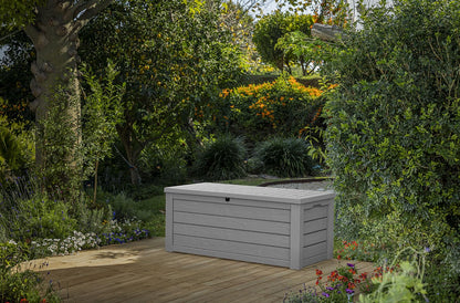Keter Westwood 150 Gallon Resin Large Outdoor Storage Box for Patio Furniture, Outdoor Cushions, Garden Tools and Pool Floats, Light Grey
